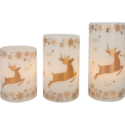 New LED Reindeer Flameless Flickering Wax Pillar Christmas Candles - 6" - Set of 3 Flameless Candles