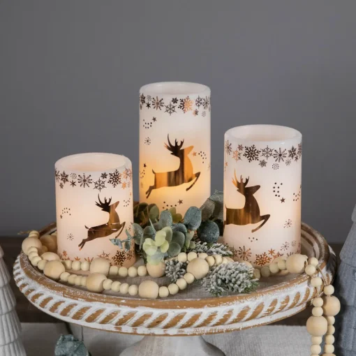 New LED Reindeer Flameless Flickering Wax Pillar Christmas Candles - 6" - Set of 3 Flameless Candles