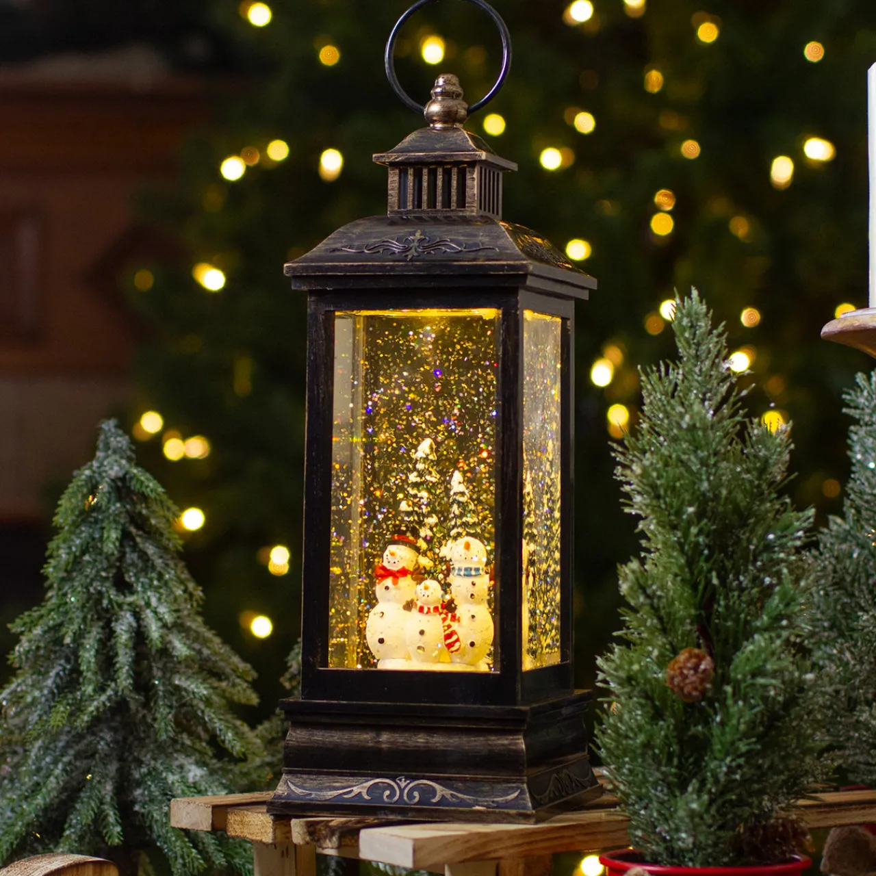 LED Snowman Family Brushed Christmas Lantern Snow Globe - 11" - Black and Gold Lanterns