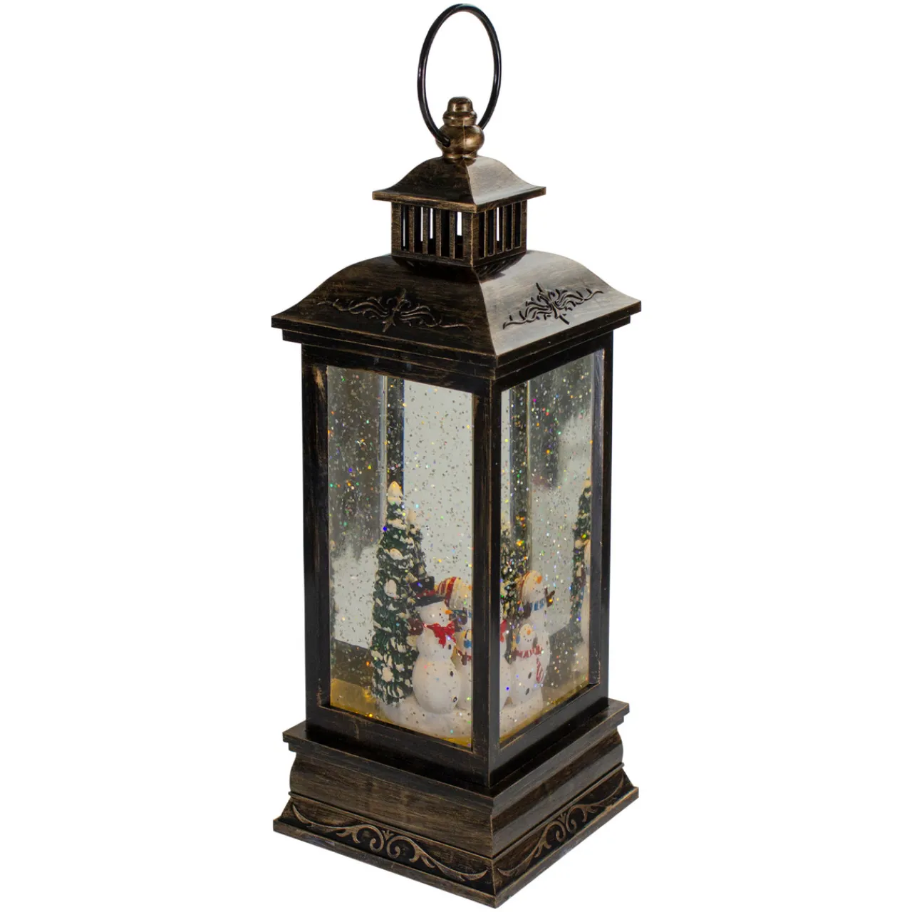LED Snowman Family Brushed Christmas Lantern Snow Globe - 11" - Black and Gold Lanterns
