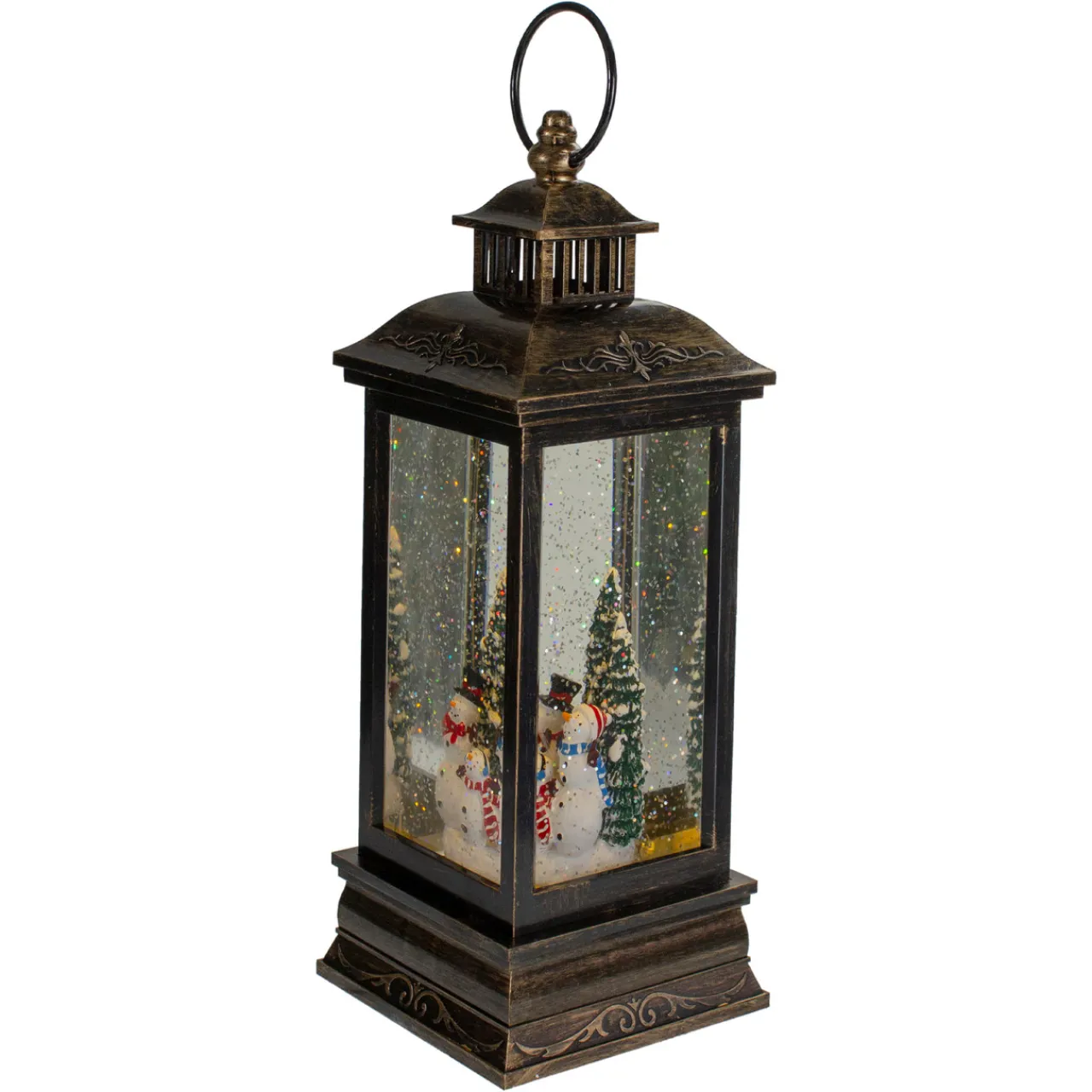 LED Snowman Family Brushed Christmas Lantern Snow Globe - 11" - Black and Gold Lanterns
