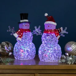 Outlet Lighted Acrylic Snowmen Christmas Decorations - 9" - LED Multicolor Lights - Set of 2 Snowmen