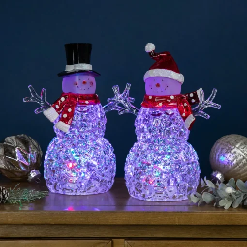 Outlet Lighted Acrylic Snowmen Christmas Decorations - 9" - LED Multicolor Lights - Set of 2 Snowmen