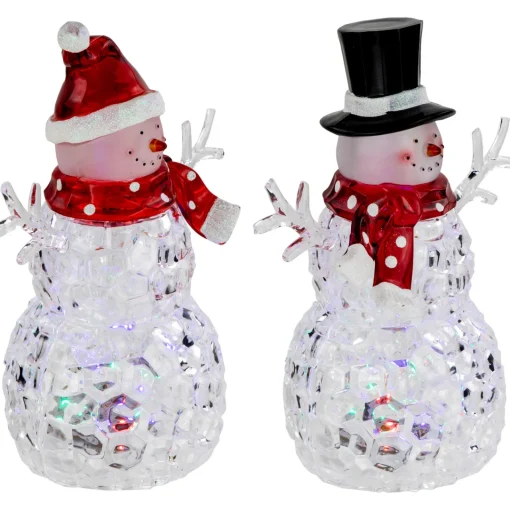 Outlet Lighted Acrylic Snowmen Christmas Decorations - 9" - LED Multicolor Lights - Set of 2 Snowmen