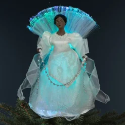 Outlet Lighted Fiber Optic African American Angel Christmas Tree Topper - 12" - Silver Stars