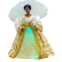 Lighted Fiber Optic African American Angel Christmas Tree Topper - 12" - Gold Stars