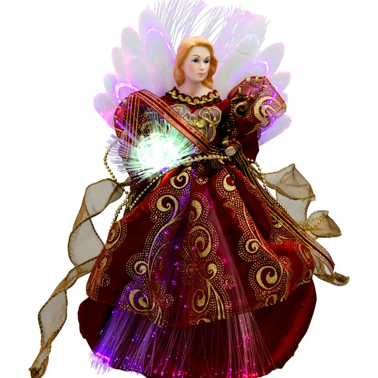 Best Lighted Fiber Optic Angel Christmas Tree Topper - 12" - Burgundy Stars