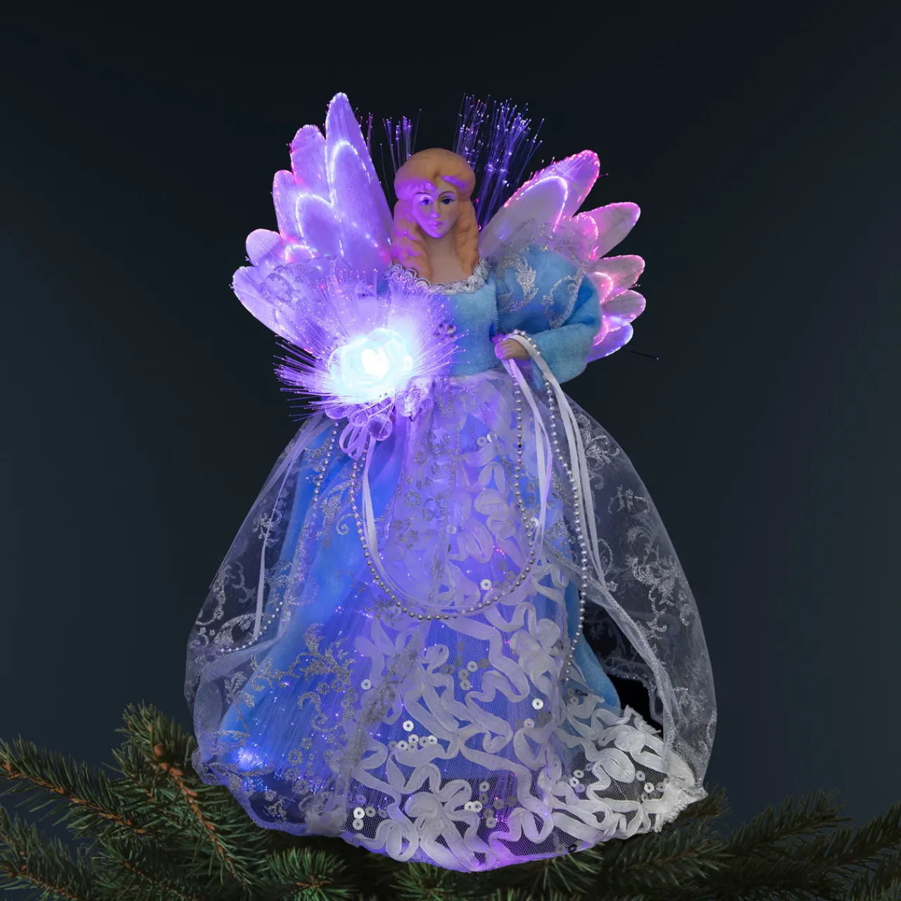 Sale Lighted Fiber Optic Angel Christmas Tree Topper - 12" - Blue and White Stars