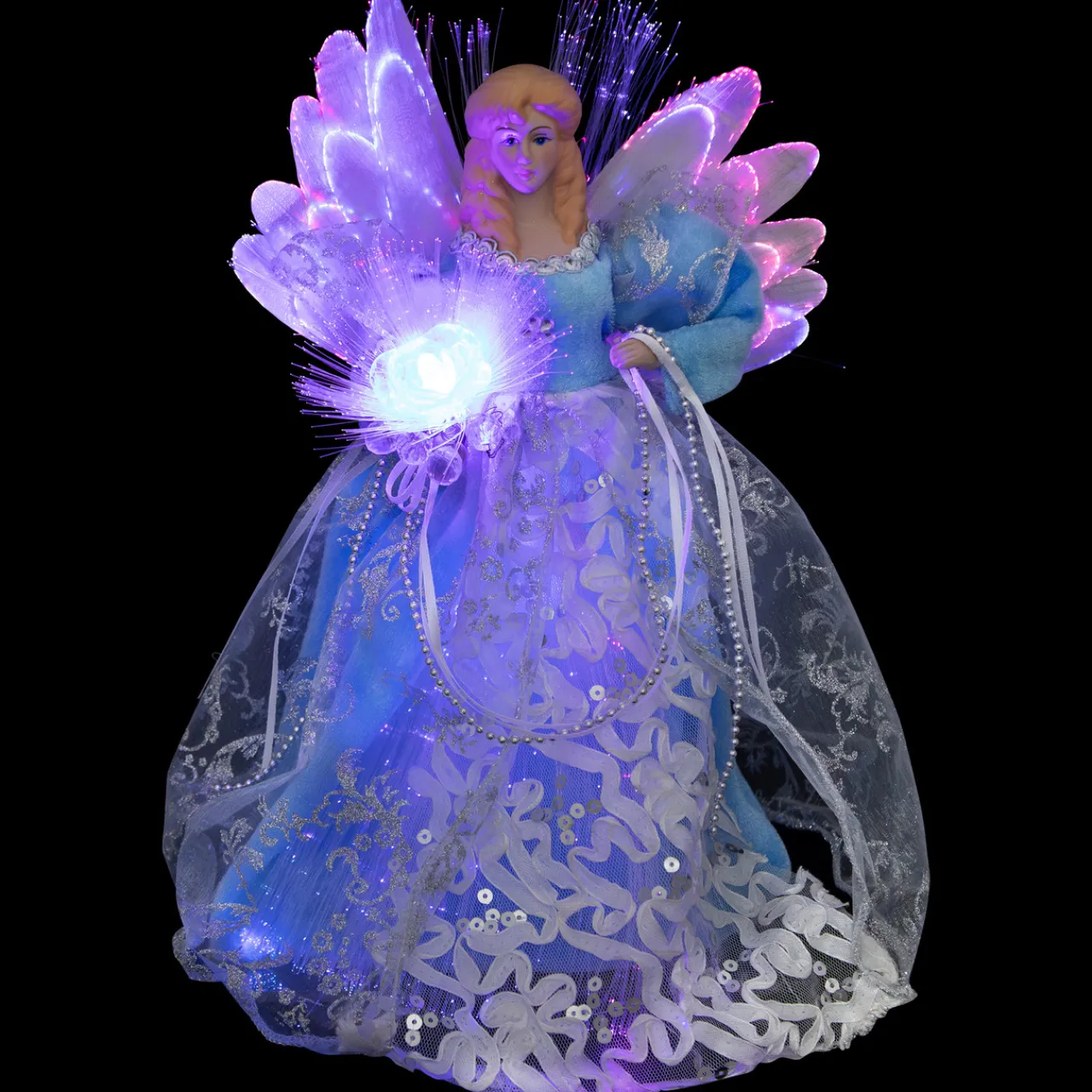 Sale Lighted Fiber Optic Angel Christmas Tree Topper - 12" - Blue and White Stars