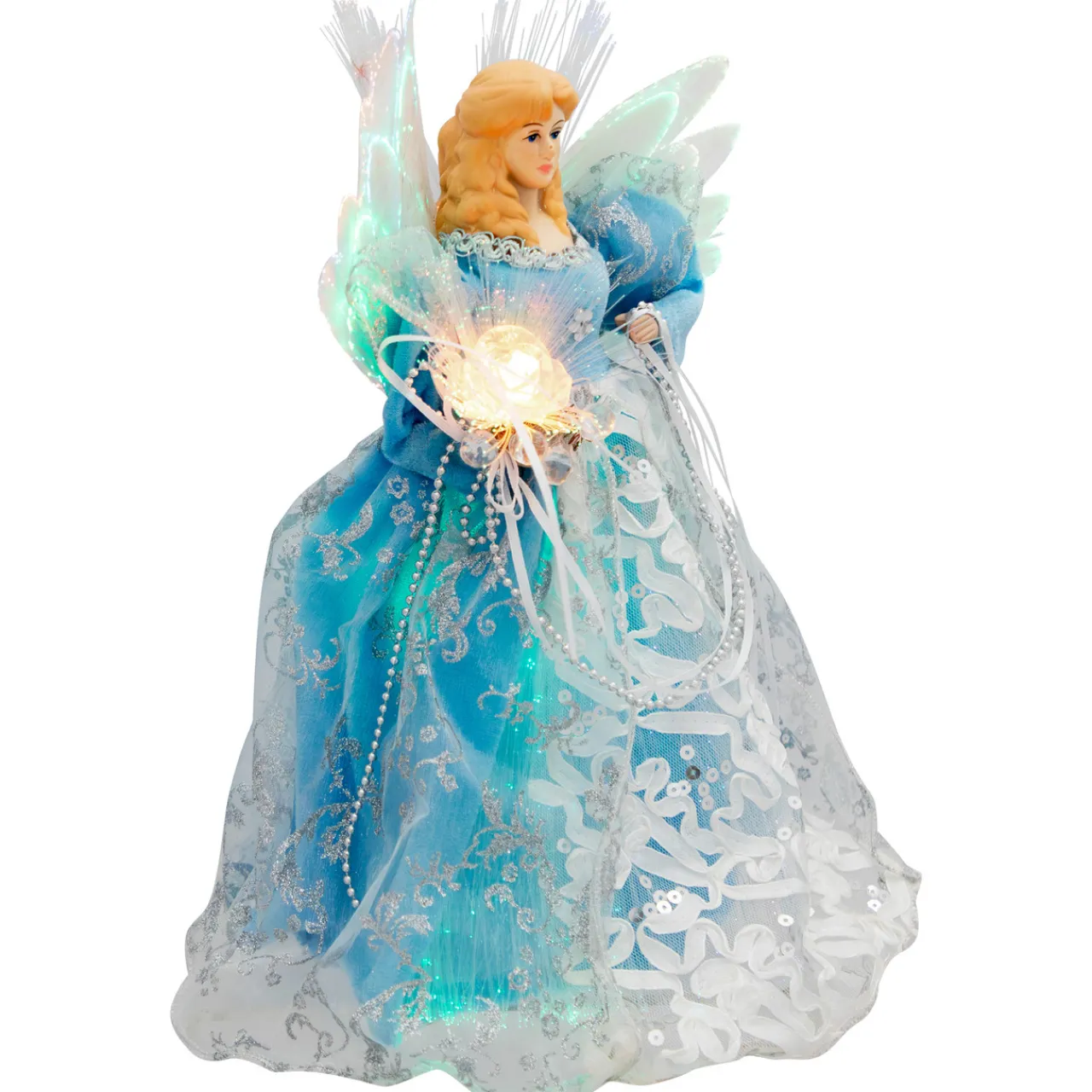 Sale Lighted Fiber Optic Angel Christmas Tree Topper - 12" - Blue and White Stars