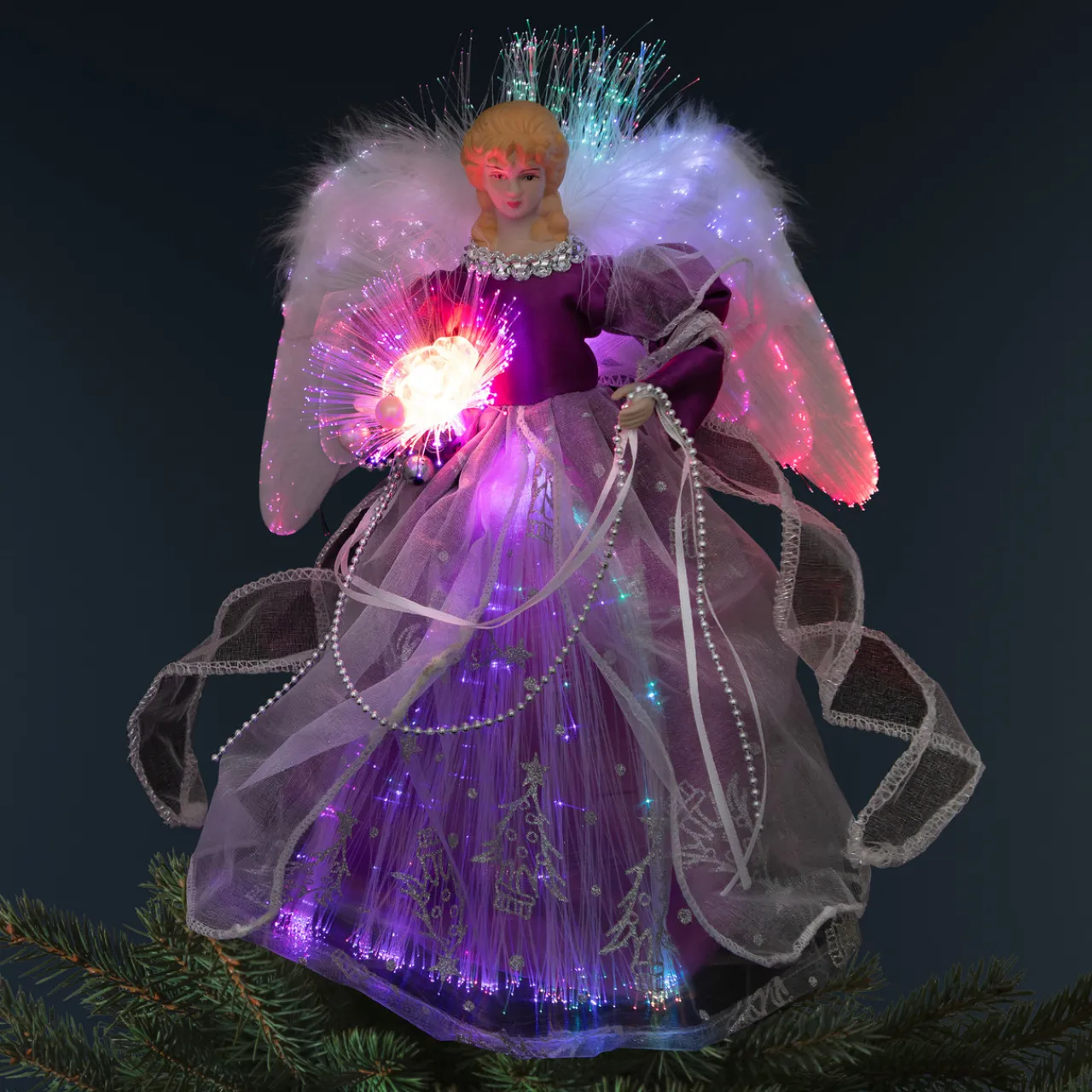 Sale Lighted Fiber Optic Color Changing Christmas Tree Topper - 12" - Purple Stars