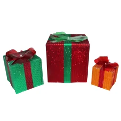Online Lighted Gift Box with Bow Outdoor Christmas Decoration - White Lights - Set of 3 Gifts & Bows