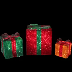 Online Lighted Gift Box with Bow Outdoor Christmas Decoration - White Lights - Set of 3 Gifts & Bows
