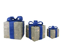 Lighted Gift Boxes Outdoor Christmas Decorations - 10" - Silver and Blue - Set of 3 Gifts & Bows