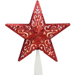 Online Lighted Glittered 5 Point Cut-Out Star Christmas Tree Topper - 9.75" -Red - Clear Lights Stars
