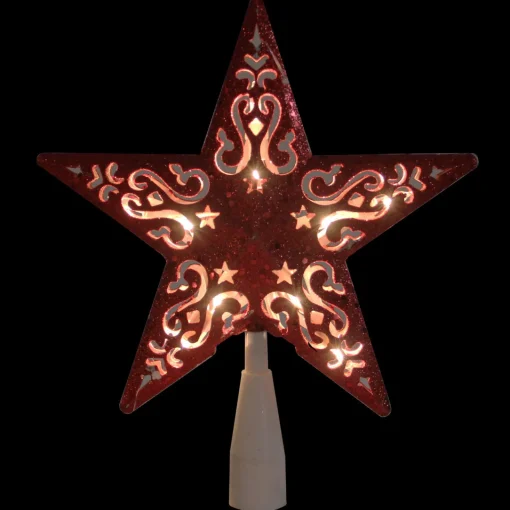 Online Lighted Glittered 5 Point Cut-Out Star Christmas Tree Topper - 9.75" -Red - Clear Lights Stars