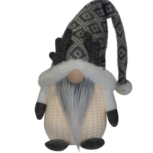 Hot Lighted Gnome with Antlers Christmas Figure - 9" - Gray and White Gnomes