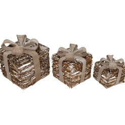 Outlet Lighted Rattan Gift Boxes with Burlap Bows Christmas Decorations - 9" - Set of 3 People