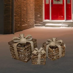 Outlet Lighted Rattan Gift Boxes with Burlap Bows Christmas Decorations - 9" - Set of 3 People