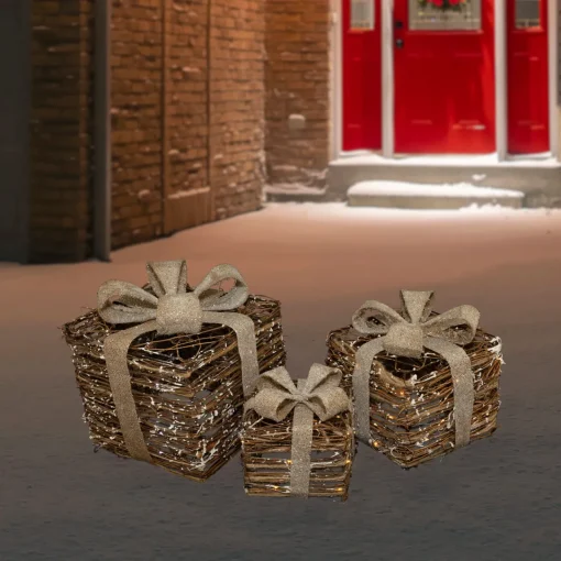 Outlet Lighted Rattan Gift Boxes with Burlap Bows Christmas Decorations - 9" - Set of 3 People
