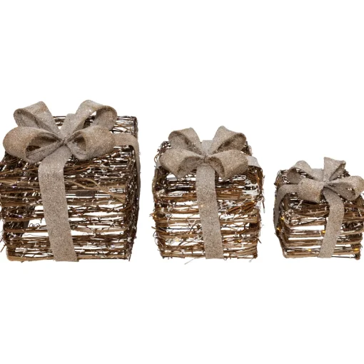Outlet Lighted Rattan Gift Boxes with Burlap Bows Christmas Decorations - 9" - Set of 3 People