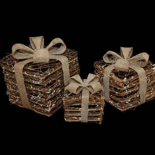 Outlet Lighted Rattan Gift Boxes with Burlap Bows Christmas Decorations - 9" - Set of 3 People