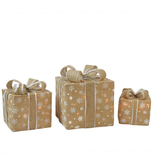 Outlet Lighted Snowflake Burlap Gift Boxes Outdoor Christmas Decorations - Clear - Set of 3 Gifts & Bows