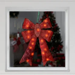 New Lighted Sparkling Sisal Outdoor Christmas Double Bow - 23" - Red - Clear Lights Gifts & Bows