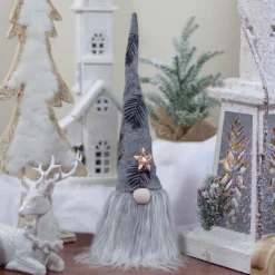 Clearance Lighted Star Gnome with Palm Leaves Hat Christmas Decoration - 16" - Gray and Black Gnomes