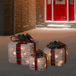 Lighted Textured and Plaid Gift Boxes Outdoor Decorations - Warm White - Set of 3 Gifts & Bows