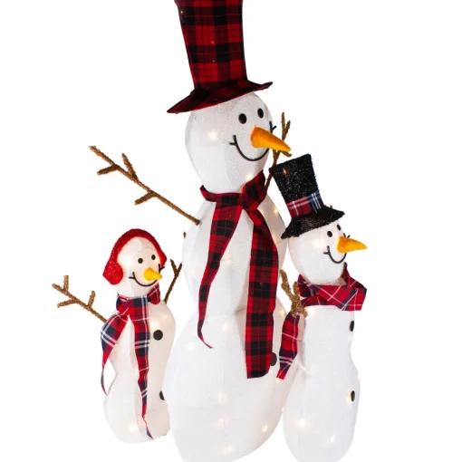 Outlet Lighted Tinsel Snowmen Family Christmas Outdoor Decorations - Clear Lights - Set of 3 Snowmen