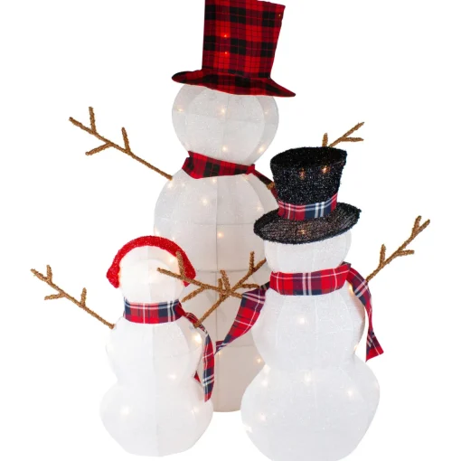 Outlet Lighted Tinsel Snowmen Family Christmas Outdoor Decorations - Clear Lights - Set of 3 Snowmen
