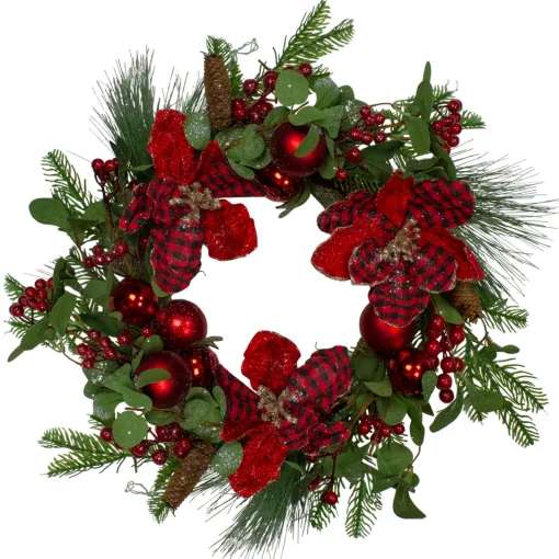 Hot Magnolia and Red Berries Artificial Christmas Wreath - 22-Inch, Unlit Unlit