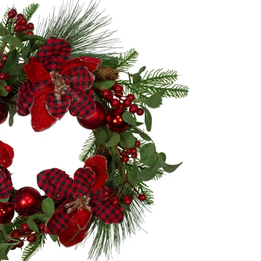 Hot Magnolia and Red Berries Artificial Christmas Wreath - 22-Inch, Unlit Unlit