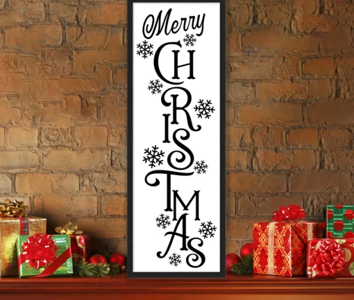 Clearance Merry Christmas Snowflakes 13.5" x 37.5" Framed Christmas Wall Decor Art Print Sign Poster in a Black Wooden Frame with UV Acrylic and Hangers Wall