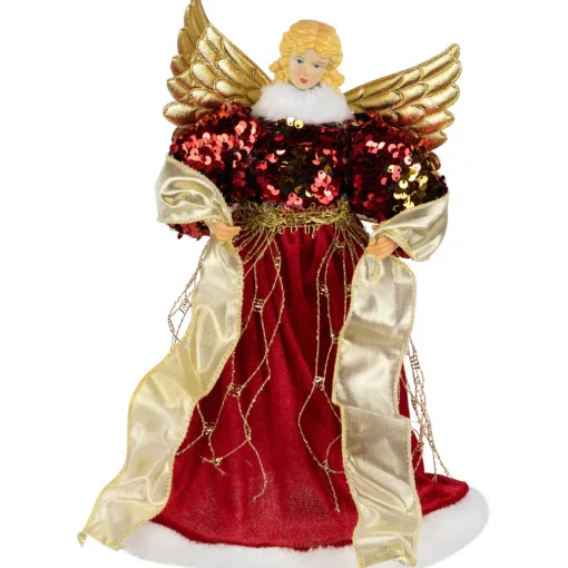 Online Metallic and Sequin Angel Christmas Tree Topper - 12" - Red and Gold - Unlit Angels