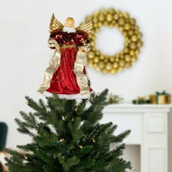 Online Metallic and Sequin Angel Christmas Tree Topper - 12" - Red and Gold - Unlit Angels