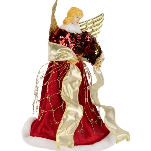 Online Metallic and Sequin Angel Christmas Tree Topper - 12" - Red and Gold - Unlit Angels