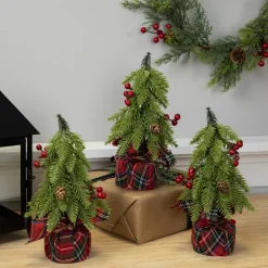 New Mini Downswept Pine Artificial Christmas Trees with Pine Cones - 9" - Set of 3 Unlit