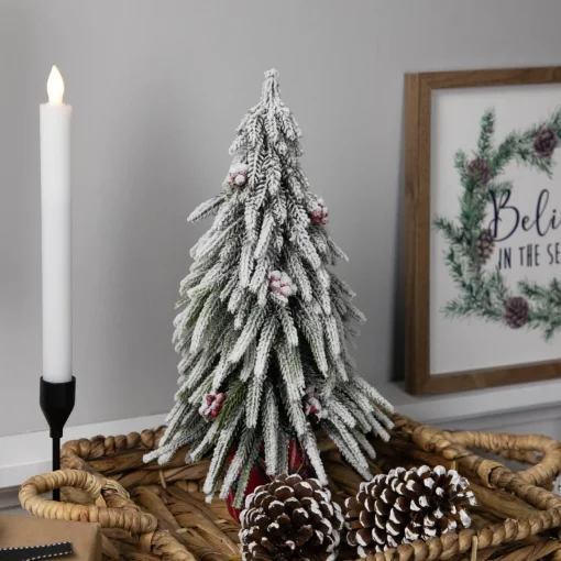 Outlet Mini Flocked Downswept Pine with Berries Artificial Christmas Tree - Unlit - 14" Flocked