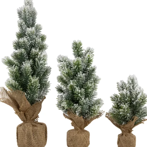 Clearance Mini Flocked Pine Artificial Christmas Trees with Burlap Base - 18" - Set of 3 Flocked