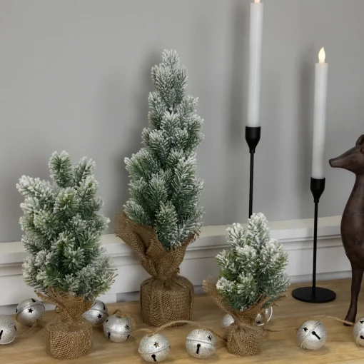 Clearance Mini Flocked Pine Artificial Christmas Trees with Burlap Base - 18" - Set of 3 Flocked