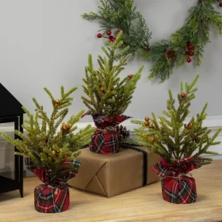Outlet Mini Glittered Pine with Berries Artificial Christmas Trees - 9" - Set of 3 Unlit