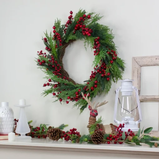 Online Mixed Pine and Berries Artificial Christmas Wreath - 26 inch, Unlit Unlit