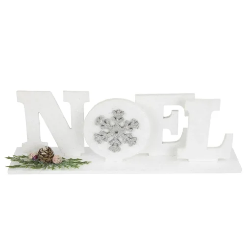 Outlet Noel and Snowflake Christmas Sign with Pinecone Holly - 10.25" - White and Silver Wall