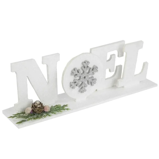 Outlet Noel and Snowflake Christmas Sign with Pinecone Holly - 10.25" - White and Silver Wall