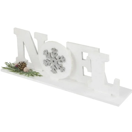 Outlet Noel and Snowflake Christmas Sign with Pinecone Holly - 10.25" - White and Silver Wall