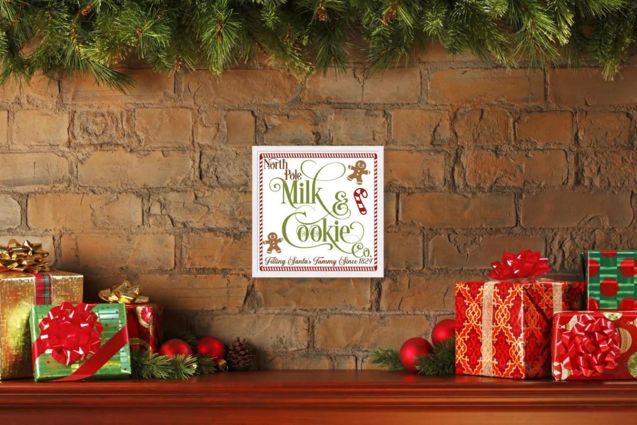 Discount North Pole Milk and Cookie Co 9.5" x 9.5" Framed Christmas Wall Decor Art Print Sign Poster in a Natural Wooden Frame with UV Acrylic and Hangers Wall