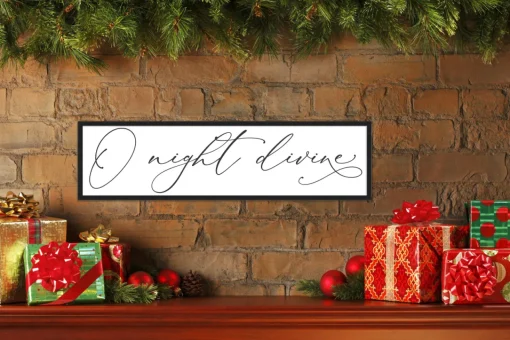 Best O Night Divine 7.5" x 25.5" Framed Christmas Wall Decor Art Print Sign Poster in a Black Wooden Frame with UV Acrylic and Hangers Wall