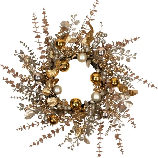 Hot Ornaments, Holly and Berries Artificial Christmas Wreath - 30" - Gold and Copper Tone Unlit